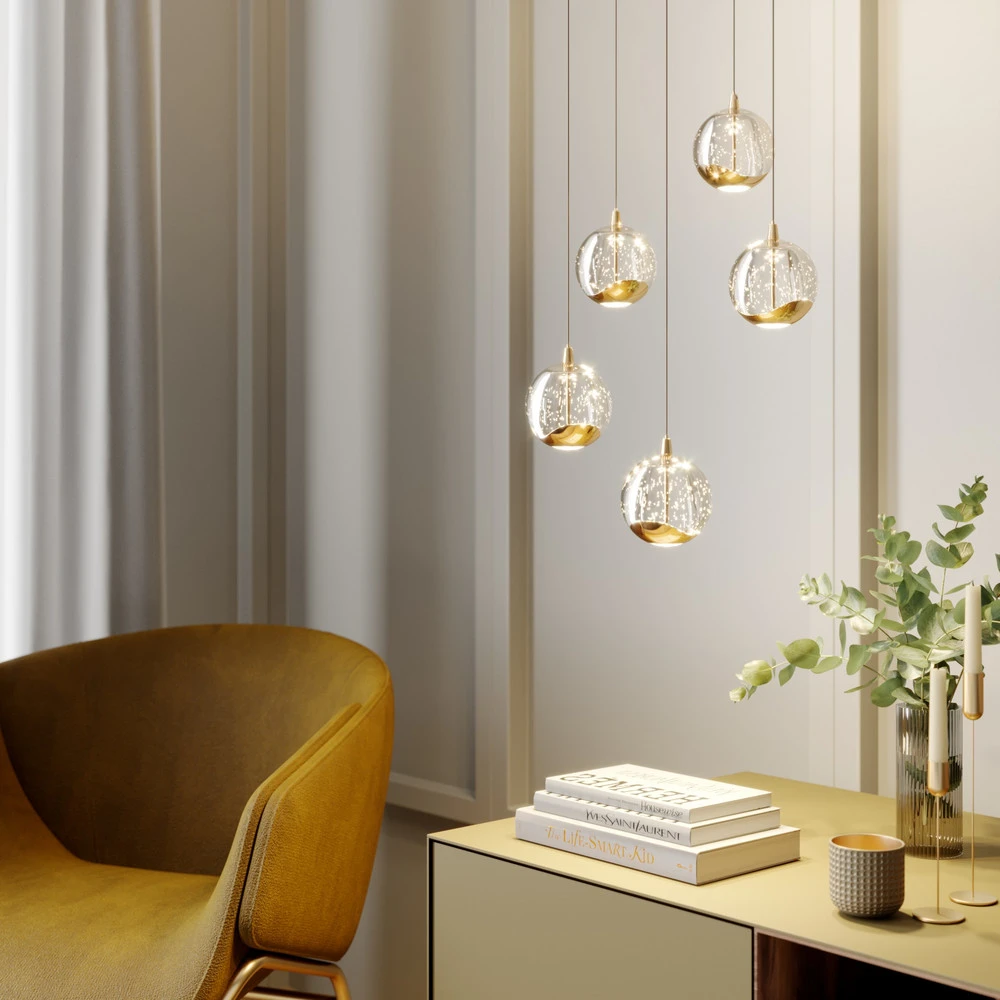 Luminaire de plafond design contemporain Lucande Suspension LED Hayley, Ø 30 cm, 5 lampes, or, verre