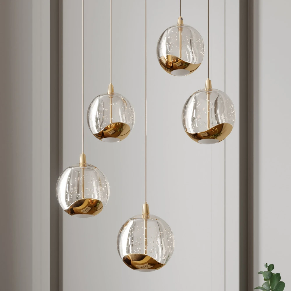 Luminaire de plafond design contemporain Lucande Suspension LED Hayley, Ø 30 cm, 5 lampes, or, verre