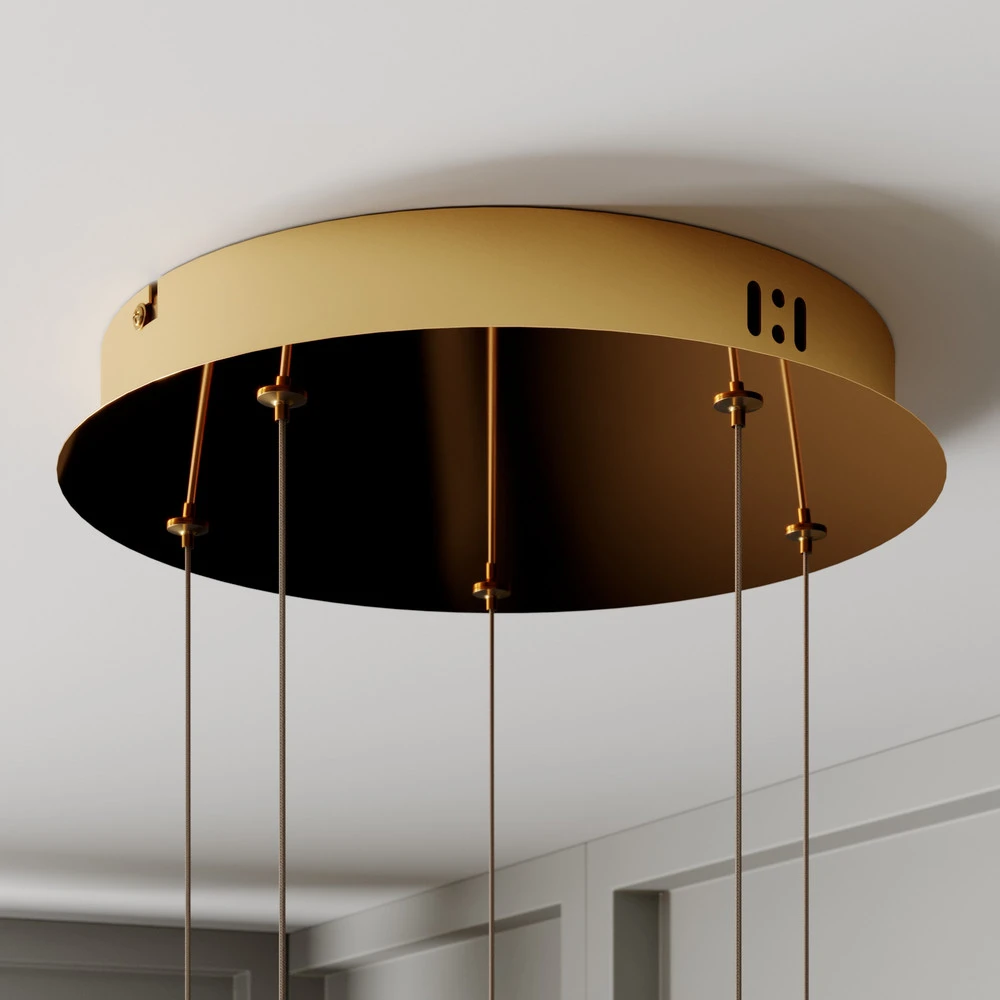 Luminaire de plafond design contemporain Lucande Suspension LED Hayley, Ø 30 cm, 5 lampes, or, verre