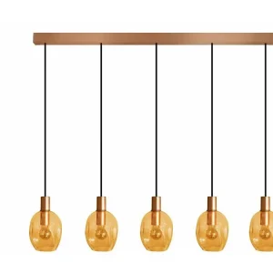 Luminaire de plafond design contemporain Lustre barre cuivre 5 pendels verre bulléambre 100 cm..