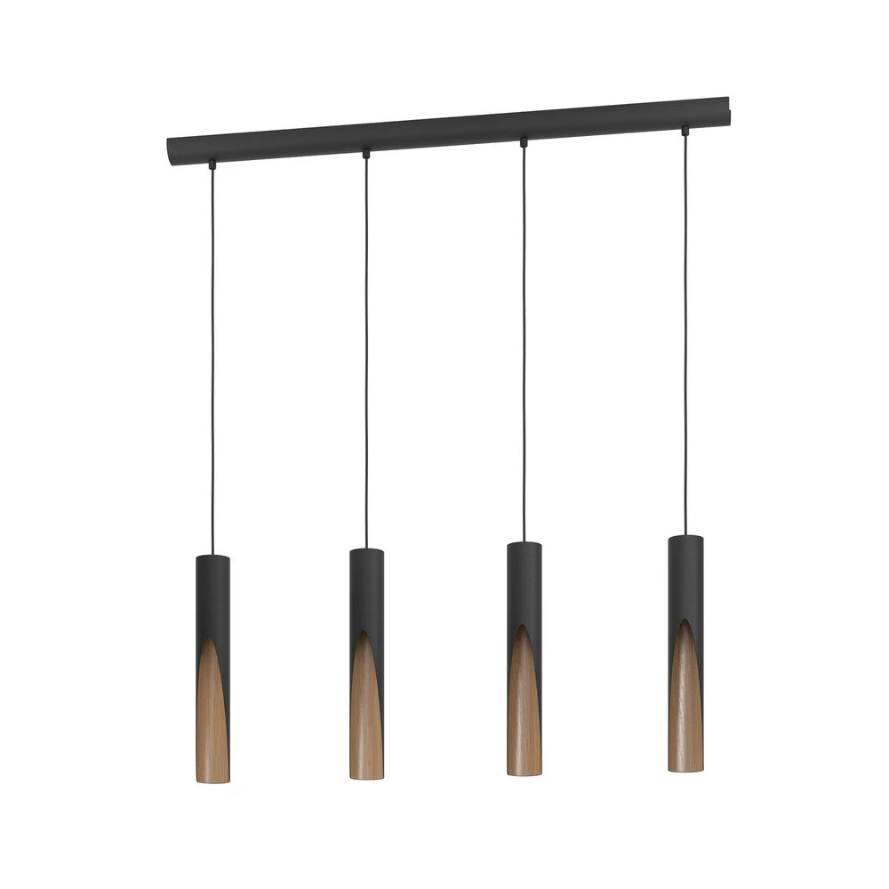 Luminaire de plafond design contemporain Suspension LED Barbotto en noir/chêne, à 4 lampes