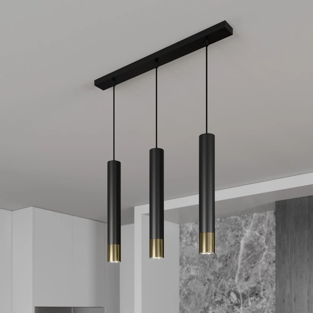 Luminaire de plafond design contemporain Suspension Nest à 3 lampes linéaire noire/dorée
