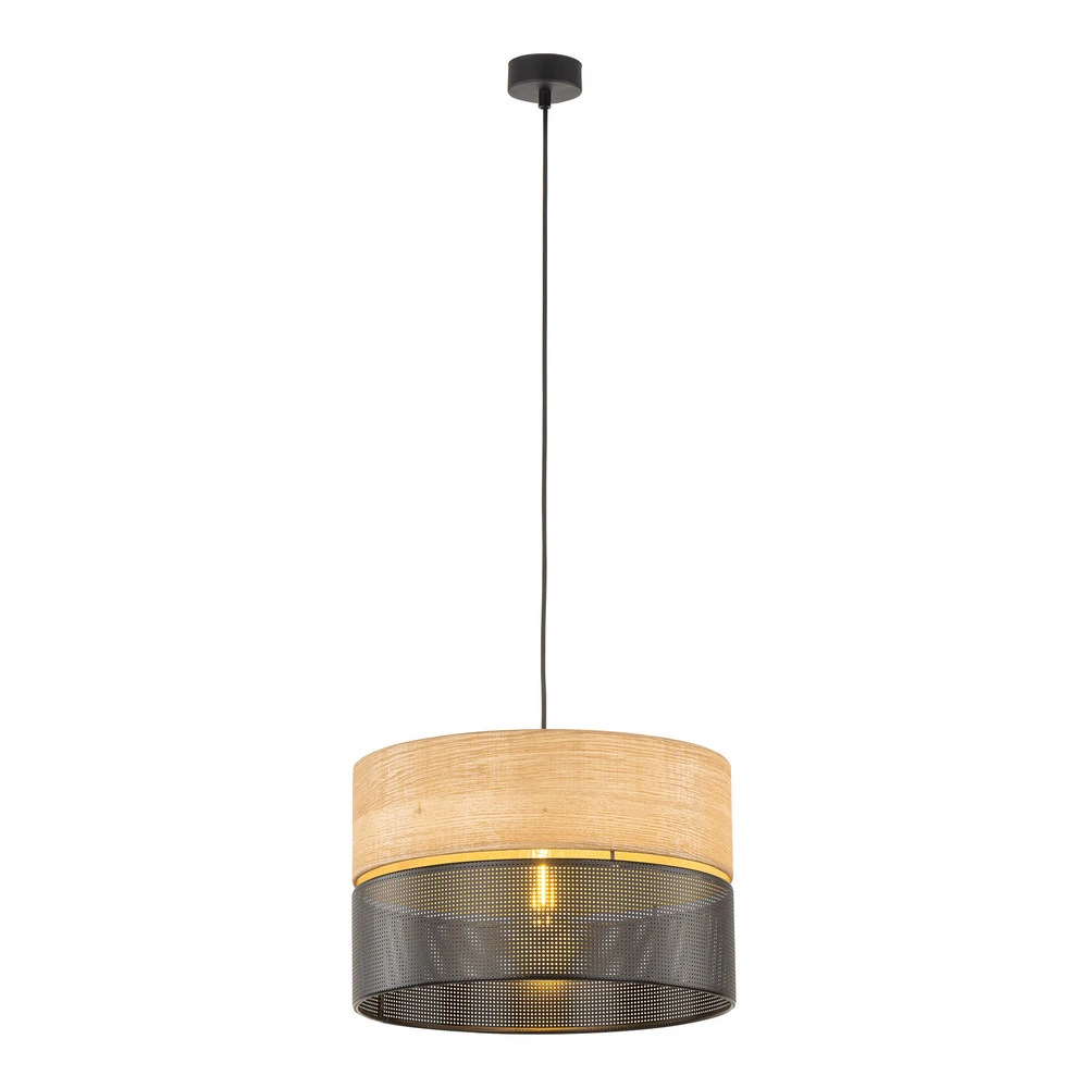 Luminaire de plafond design contemporain Suspension Nicol, noir/imitation bois, Ø 38 cm, à 1 lampe. 1 x E27