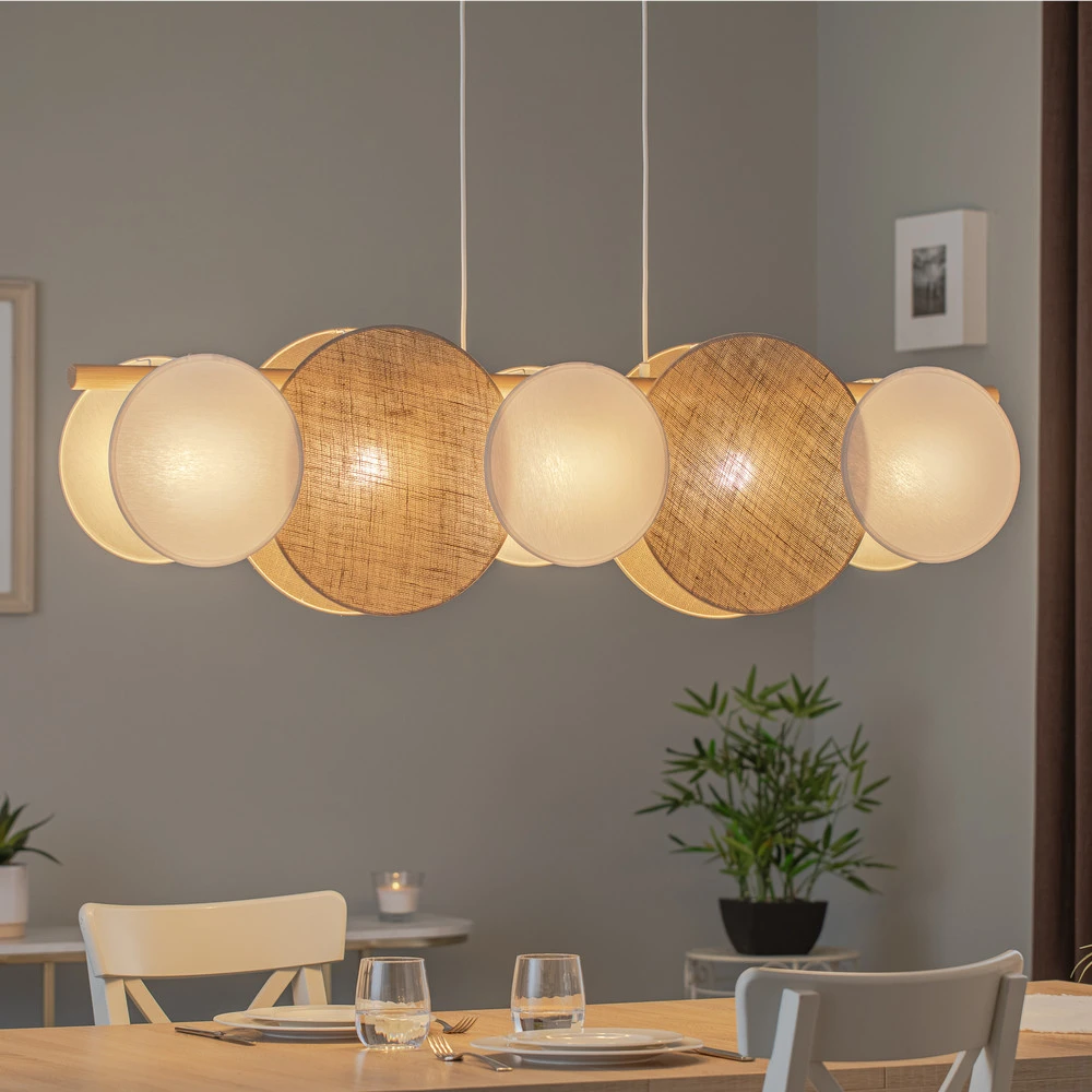 Luminaire de plafond design contemporain Suspension Pulse, abat-jour en jute, brun naturel/blanc, 5 lampes