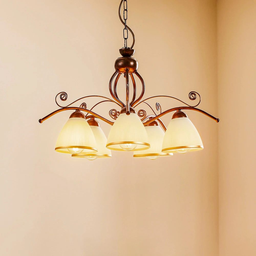Luminaire de plafond design contemporain Suspension Roma en blanc et brun, à cinq lampes