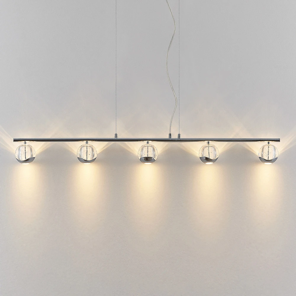 Luminaire de plafond à diffusion uniforme Lucande Kilio suspension LED, à 5 lampes, chromée