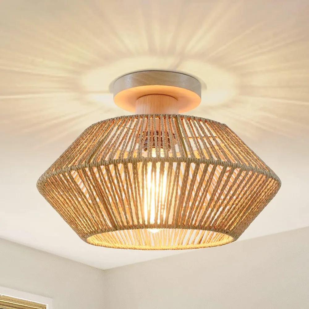 Luminaire de plafond à diffusion uniforme Plafonnier en Rotin Tressé Main - Suspension Bohème