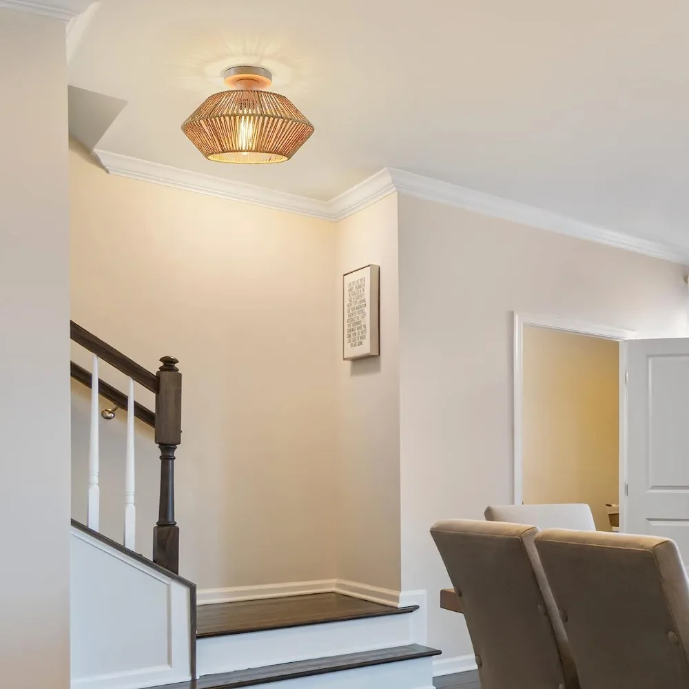Luminaire de plafond à diffusion uniforme Plafonnier en Rotin Tressé Main - Suspension Bohème
