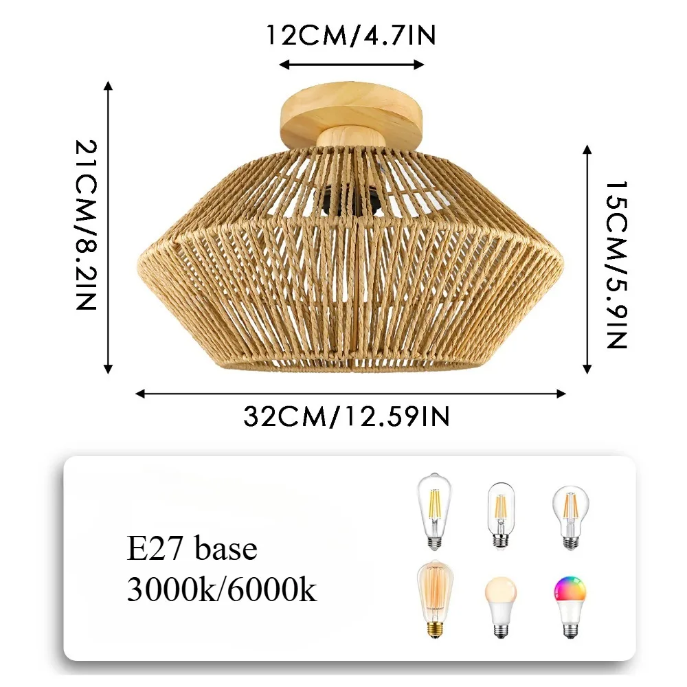 Luminaire de plafond à diffusion uniforme Plafonnier en Rotin Tressé Main - Suspension Bohème
