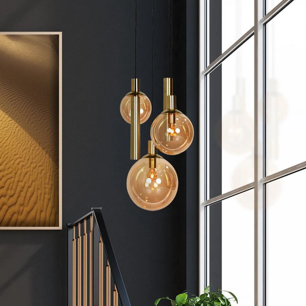 Luminaire de plafond à diffusion uniforme Suspension Bollique, 5 lampes rondes, laiton, GU10 + E27