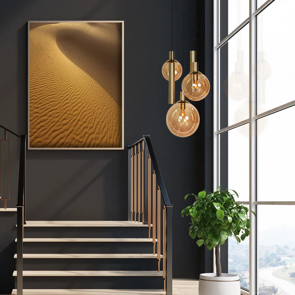 Luminaire de plafond à diffusion uniforme Suspension Bollique, 5 lampes rondes, laiton, GU10 + E27