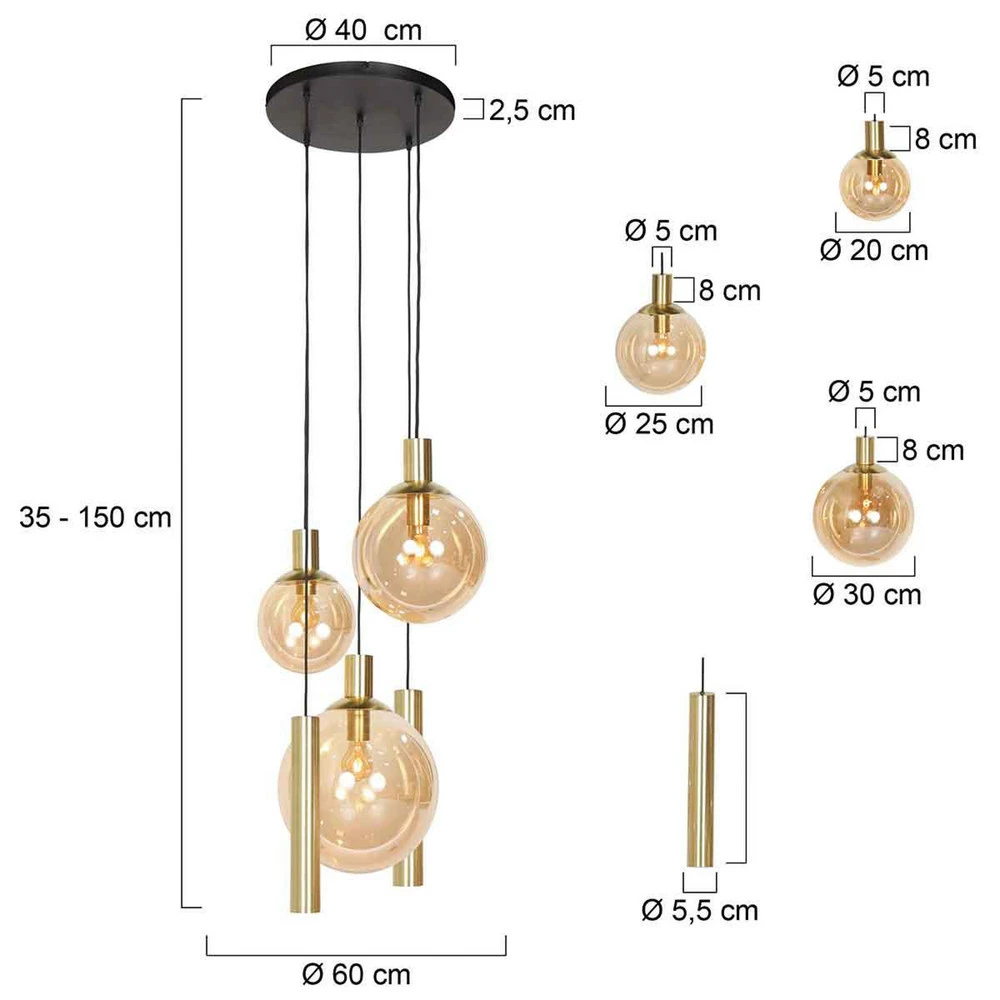Luminaire de plafond à diffusion uniforme Suspension Bollique, 5 lampes rondes, laiton, GU10 + E27