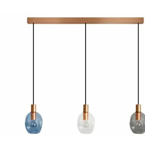Luminaire de plafond encastrable Lustre barre cuivre 3 pendels verre bullé multicolore 100 cm..