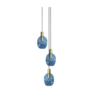 Luminaire de plafond encastrable lustre doré 3 pendels verre bullé bleu100 cm..