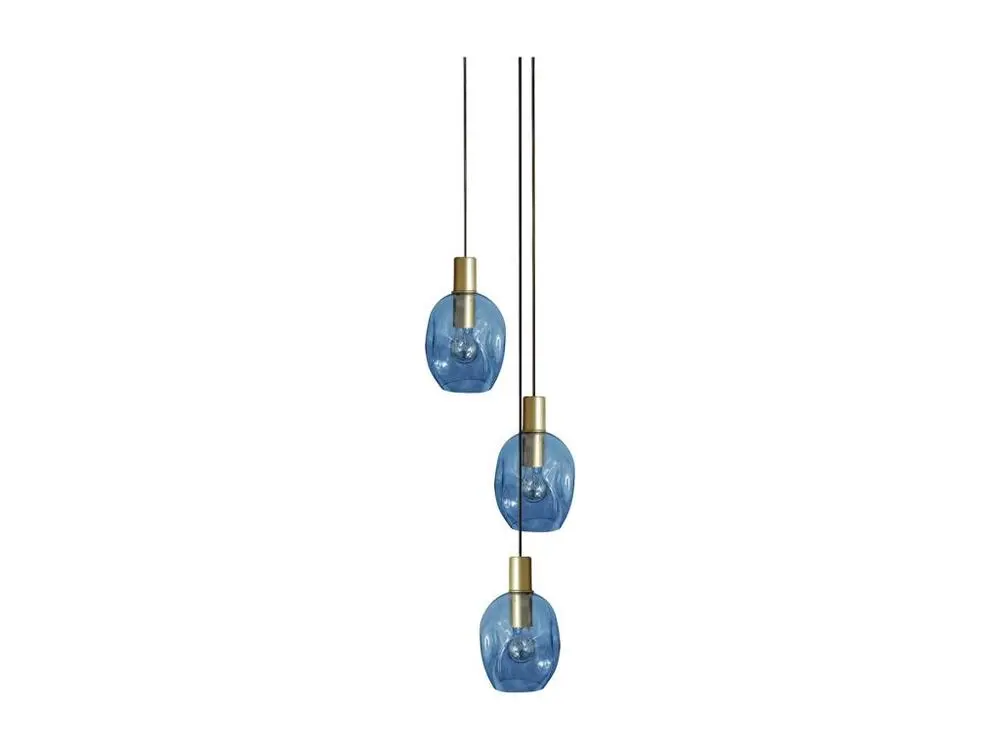 Luminaire de plafond encastrable lustre doré 3 pendels verre bullé bleu100 cm..