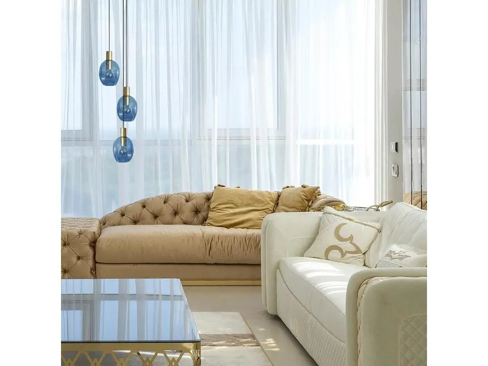 Luminaire de plafond encastrable lustre doré 3 pendels verre bullé bleu100 cm..