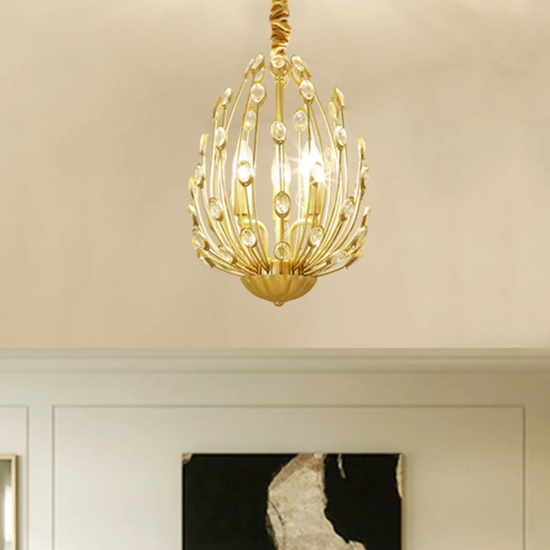 Luminaire de plafond encastrable Suspension ovale en métal et cristal rustique 3/6 lumières pour salle à manger, lustre doré