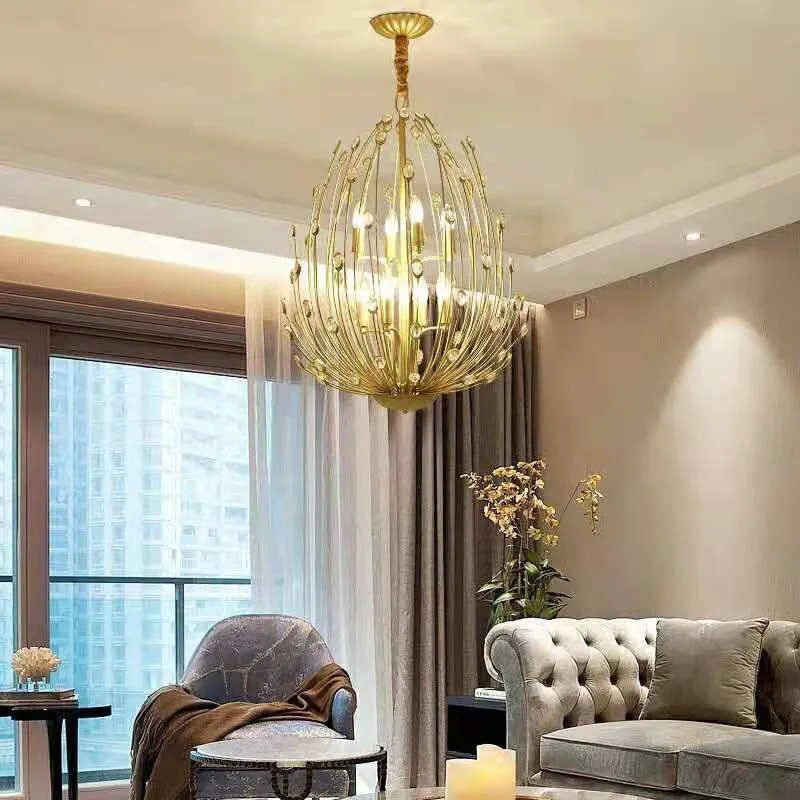 Luminaire de plafond encastrable Suspension ovale en métal et cristal rustique 3/6 lumières pour salle à manger, lustre doré
