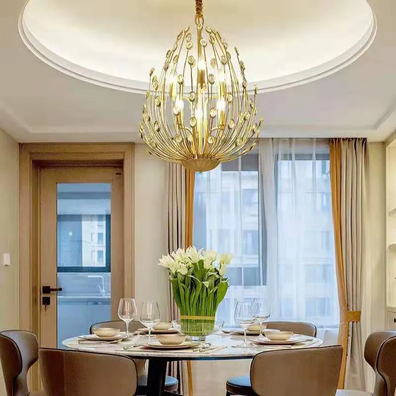 Luminaire de plafond encastrable Suspension ovale en métal et cristal rustique 3/6 lumières pour salle à manger, lustre doré