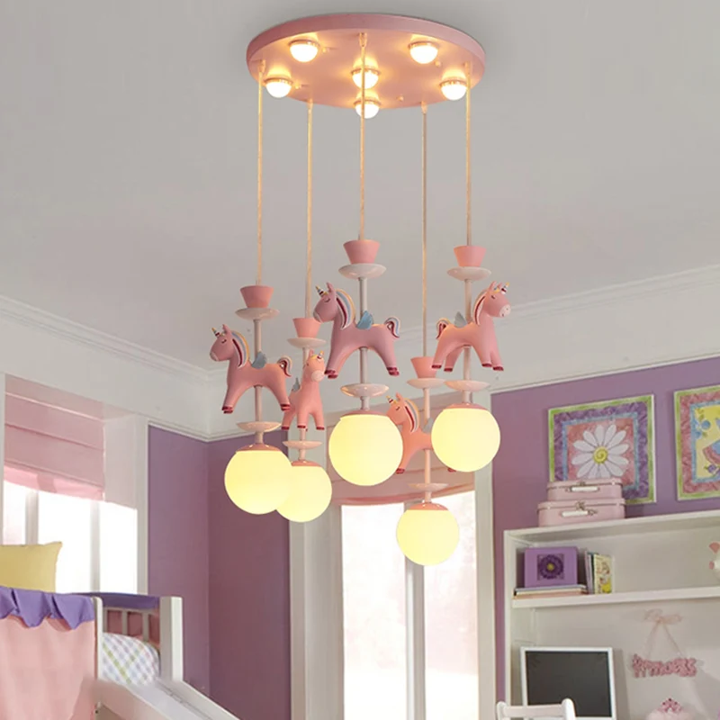 Luminaire suspendu en forme de chevaux, plafonnier suspendu en métal de Style enfants pour chambre à coucher avec fixation...