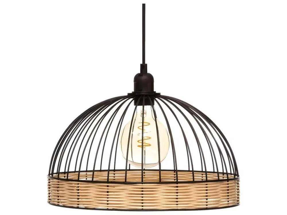 Luminaire Suspension en Métal Filaire Noir et Rotin D 35 cm avec fixation réglable