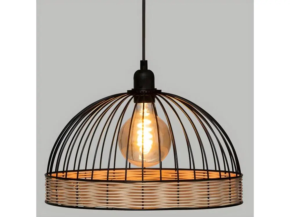 Luminaire Suspension en Métal Filaire Noir et Rotin D 35 cm avec fixation réglable