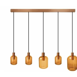 Lustre barre cuivre5 pendels verre translucide 100 cm.