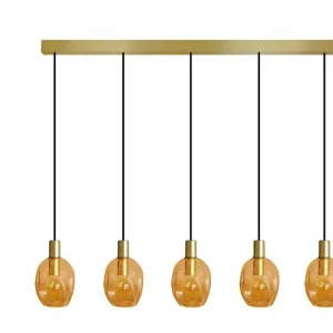 Lustre barre doré 5 pendels verre bulléambre 100 cm.. avec fixation réglable