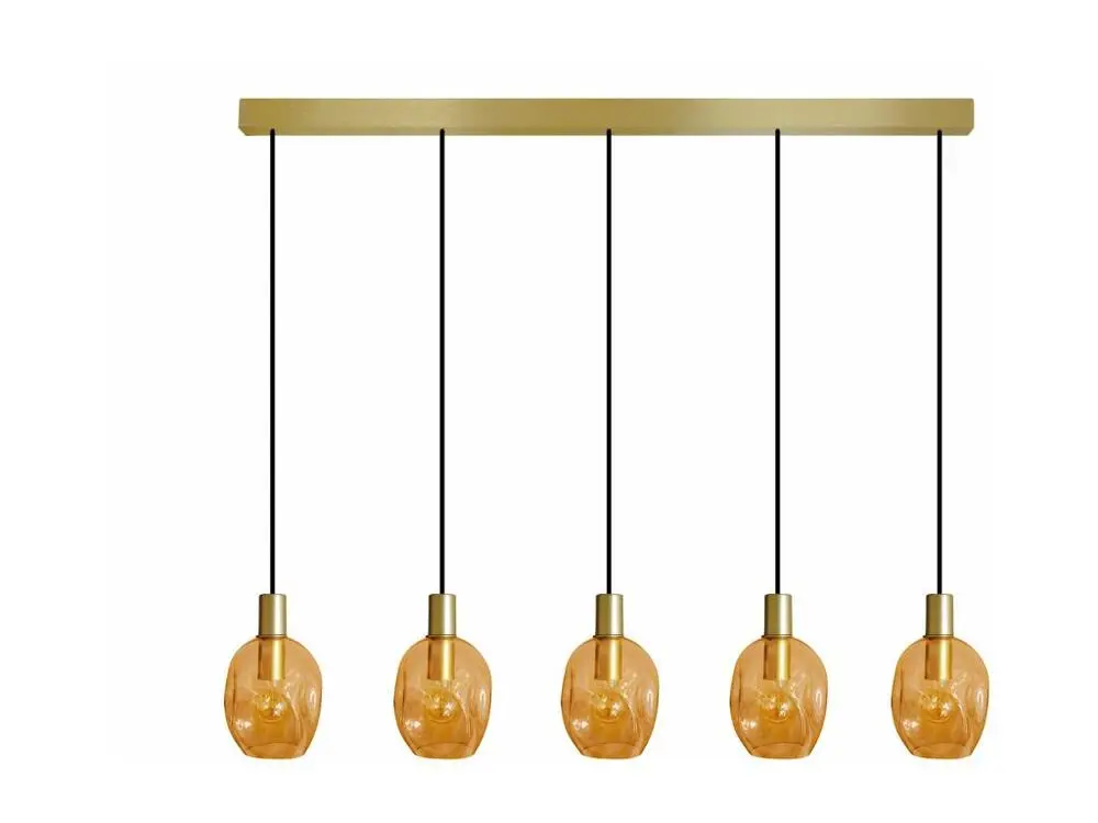 Lustre barre doré 5 pendels verre bulléambre 100 cm.. avec fixation réglable