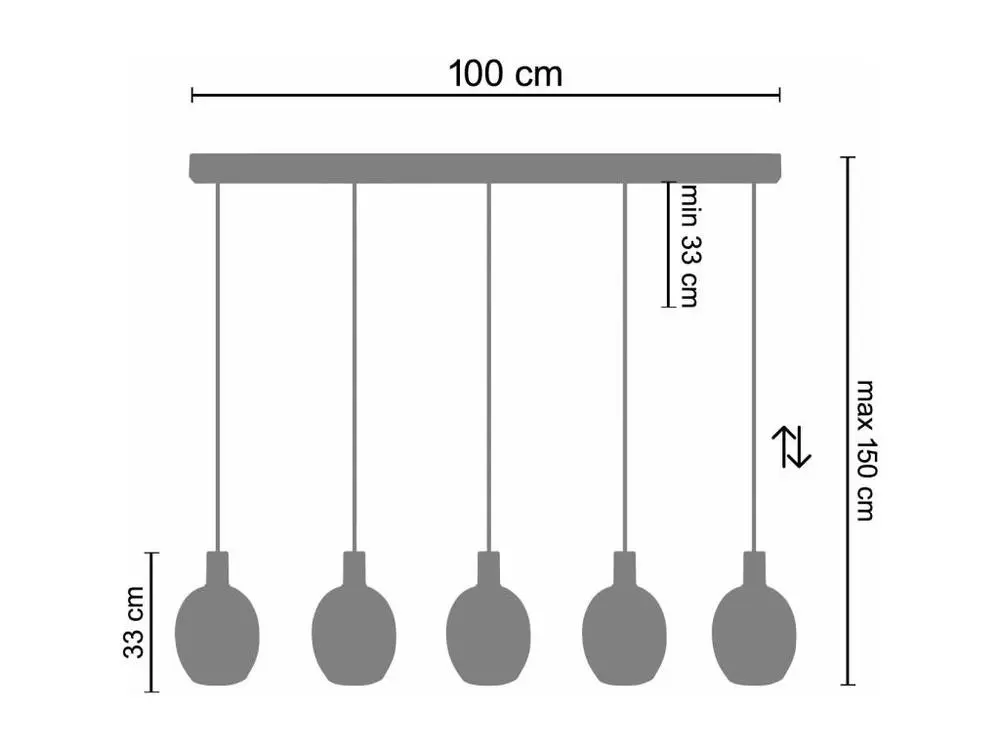 Lustre barre doré 5 pendels verre bulléambre 100 cm.. avec fixation réglable