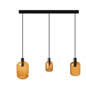 Lustre barre noir 3 pendels verre ambre100 cm.. avec fixation réglable