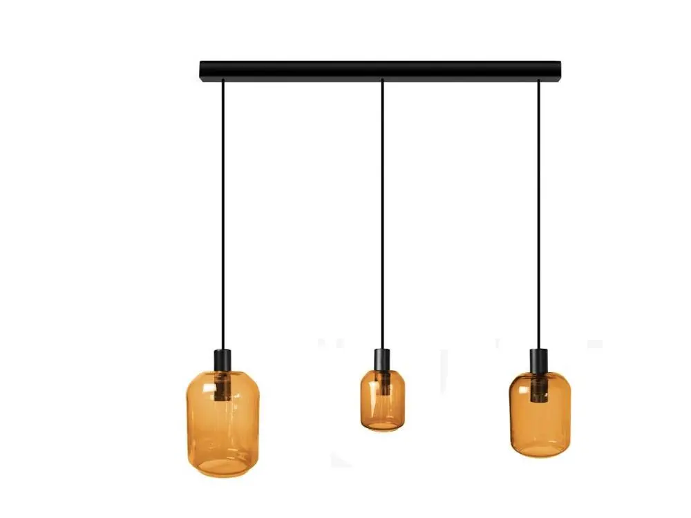Lustre barre noir 3 pendels verre ambre100 cm.. avec fixation réglable