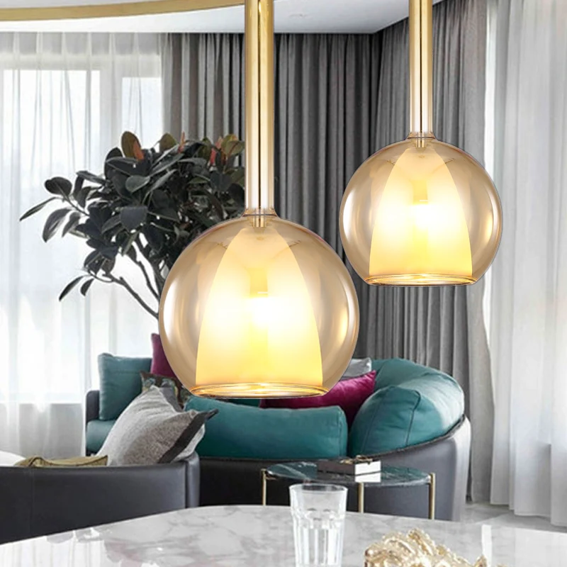 Lustre Cristal Premium Luminaire suspendu sphérique en verre fumé/ambre/or Rose, luminaire suspendu contemporain à 1 lumiè...