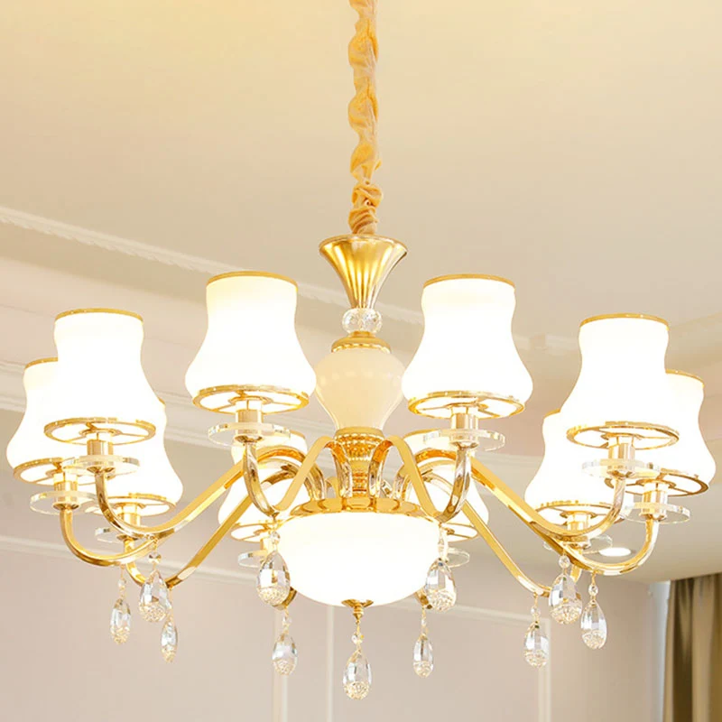Lustre dépouillé, luminaire suspendu incurvé en or avec abat-jour en verre dépoli blanc