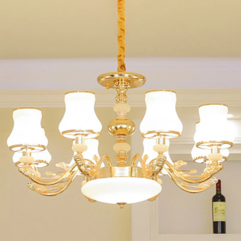 Lustre dépouillé, luminaire suspendu incurvé en or avec abat-jour en verre dépoli blanc