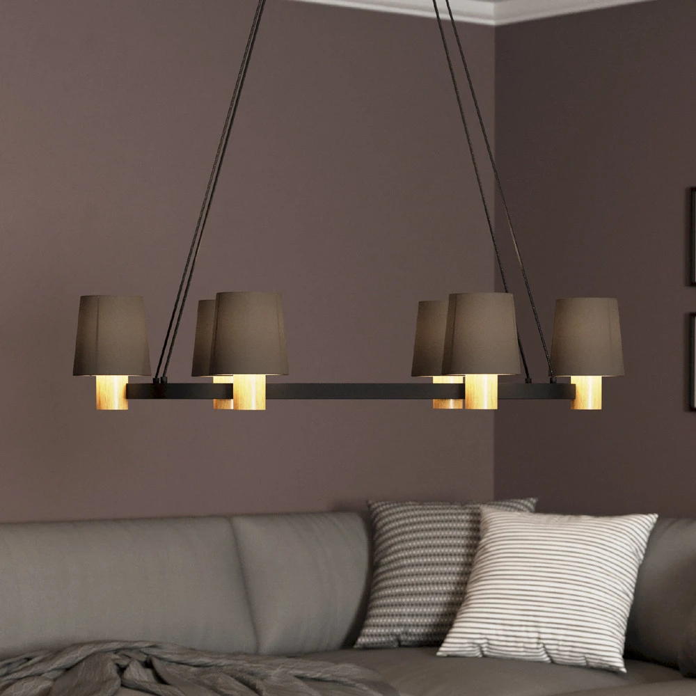 Lustre Edale, 6 abat-jour tissu cappuccino, ovale pour plafonds suspendus