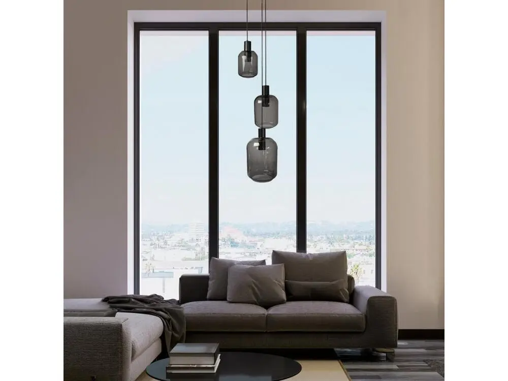 Lustre noir 3 pendels verre fumée 100 cm.. Sans outil d'installation