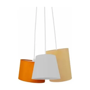 Lustre 3 suspensions grappe abat-jours orange,beige, blanc 90 cm. pour plafonds suspendus
