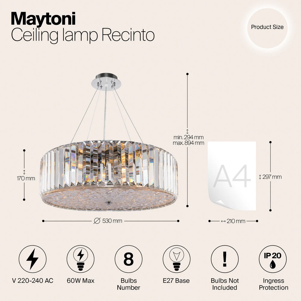 Maytoni Suspension Recinto, Ø 53 cm, verre, 8 x E27 pour entrée et couloir