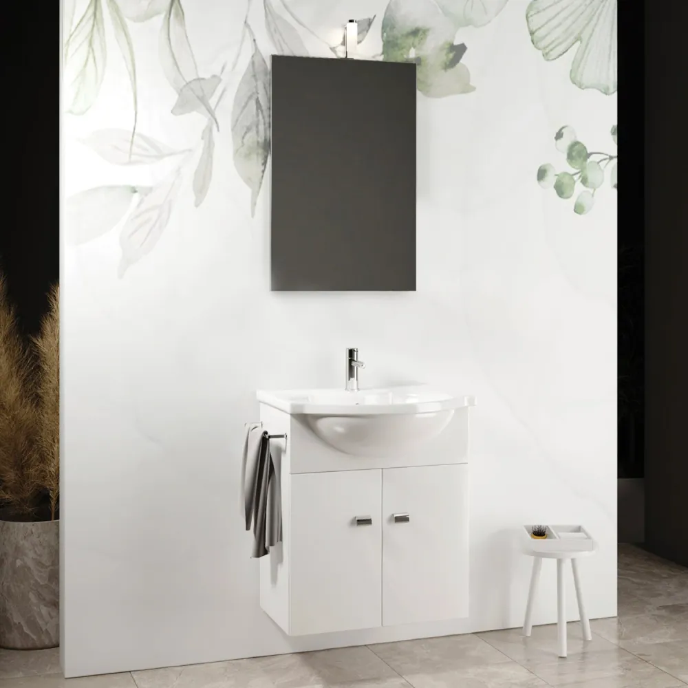 Meuble de salle de bain suspendu avec miroir et lavabo intégré modèle Vienne - Blanc brillant Sans outil d'installation