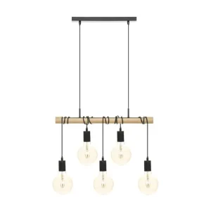 Plafonnier Design Moderne Luminaire Suspension 5 Lampes en Métal Noir et Bois de Pin L 60 cm