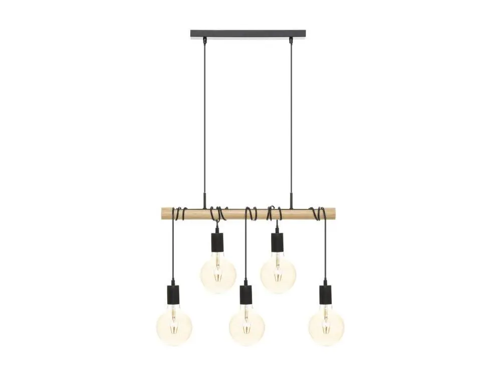 Plafonnier Design Moderne Luminaire Suspension 5 Lampes en Métal Noir et Bois de Pin L 60 cm