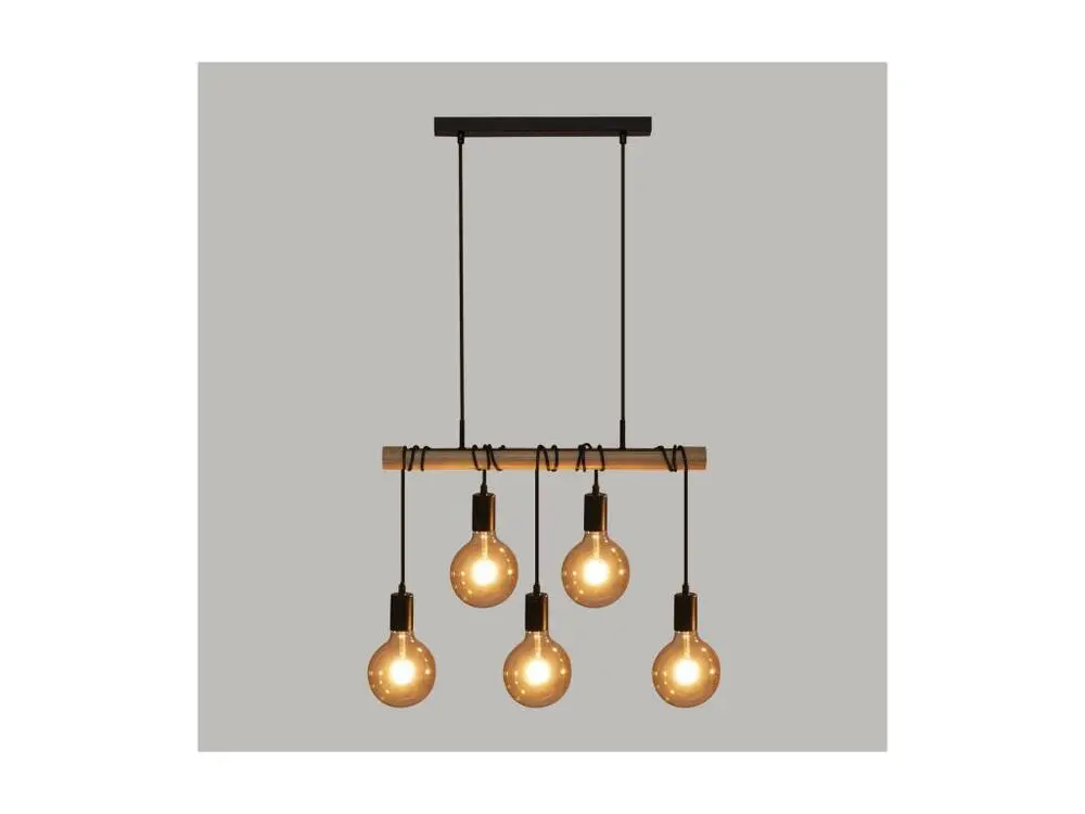 Plafonnier Design Moderne Luminaire Suspension 5 Lampes en Métal Noir et Bois de Pin L 60 cm