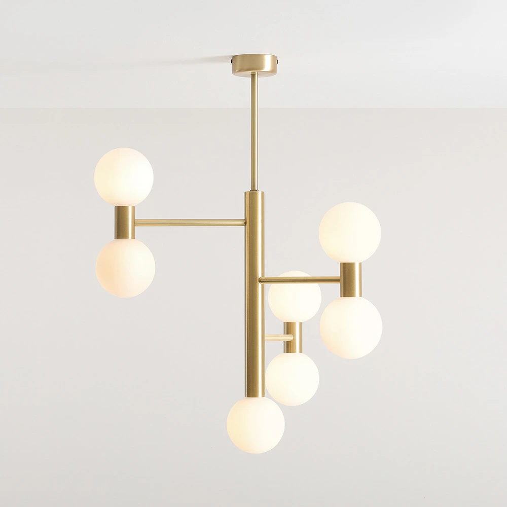 Plafonnier Design Moderne Suspension Flare, 7 lampes, laiton/blanc opale, verre