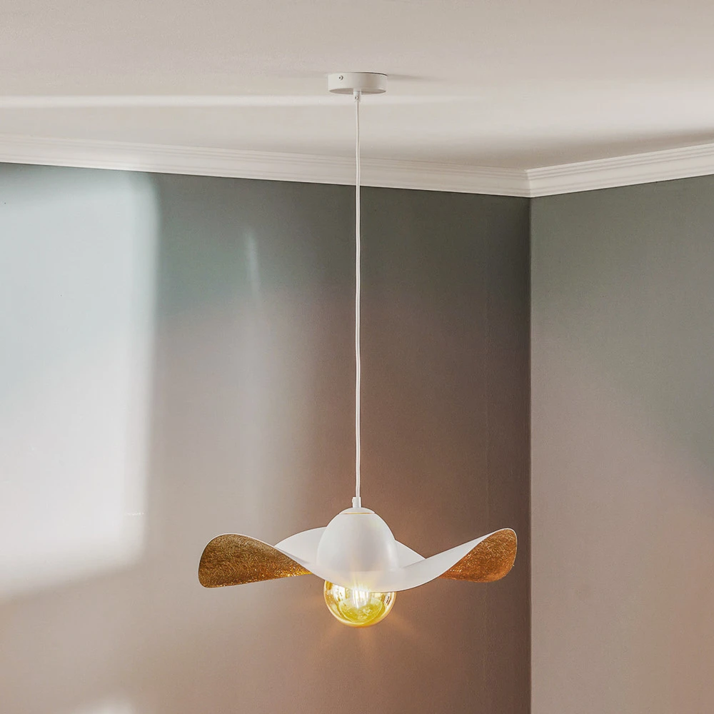Plafonnier Design Moderne Suspension Jil, abat-jour arqué, blanche/dorée