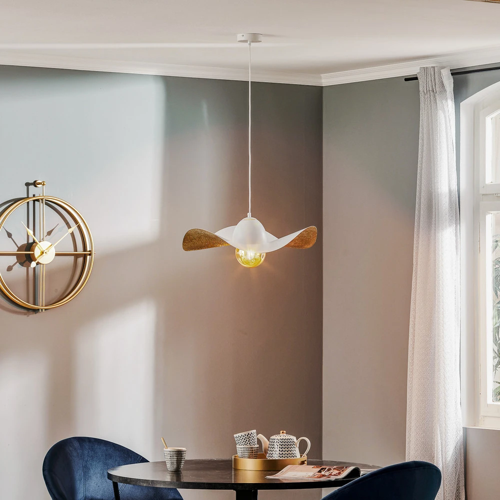 Plafonnier Design Moderne Suspension Jil, abat-jour arqué, blanche/dorée
