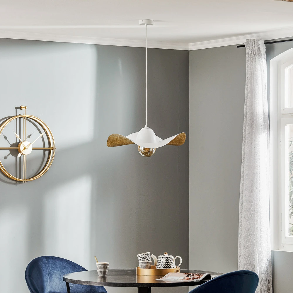 Plafonnier Design Moderne Suspension Jil, abat-jour arqué, blanche/dorée