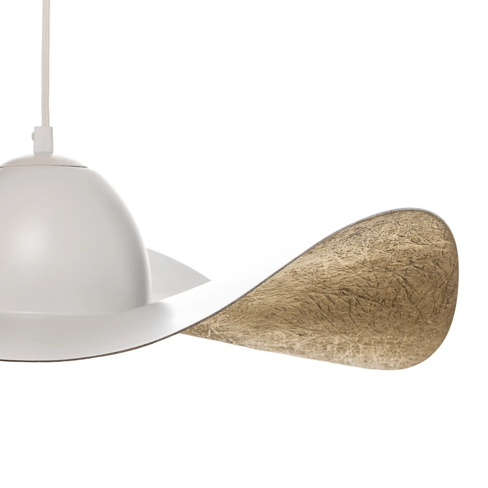 Plafonnier Design Moderne Suspension Jil, abat-jour arqué, blanche/dorée