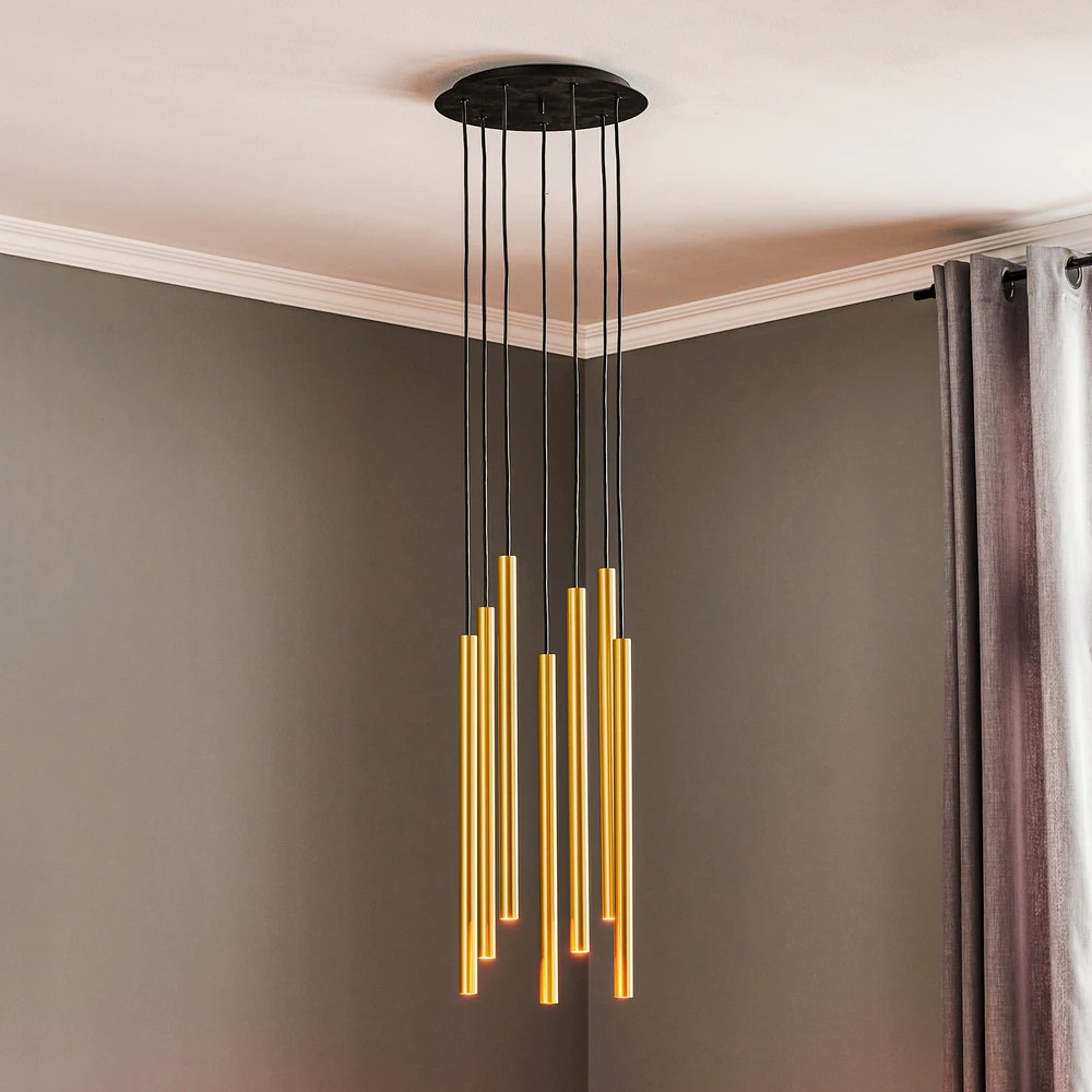 Plafonnier Design Moderne Suspension Laser à 7 lampes, laiton