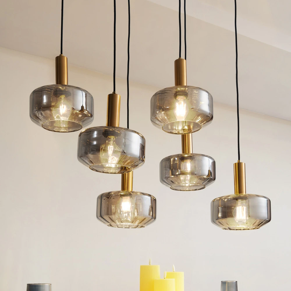 Plafonnier à lumière directionnelle Lindby suspension Hildur, à 6 lampes, gris fumé, verre